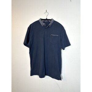 Ben‎ Sherman Men's Navy Blue Woven Dobby Collar Polo Shirt Large L Plaid Pocket
